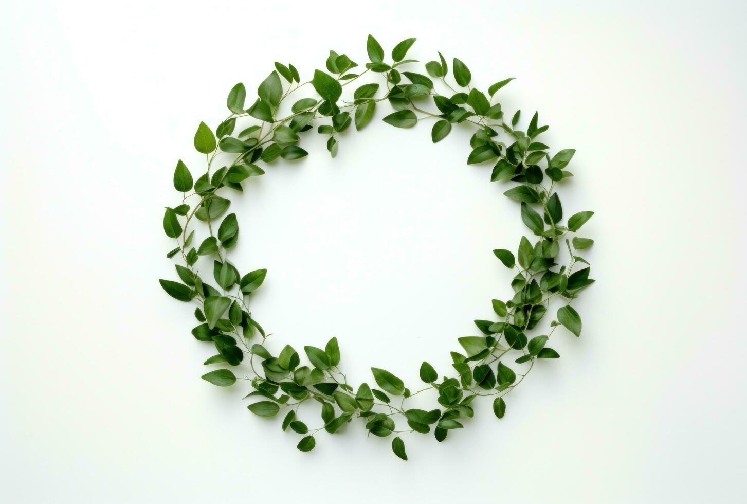 ai généré une bouquet de vert feuilles dans une petit cercle sur une blanc surface photo