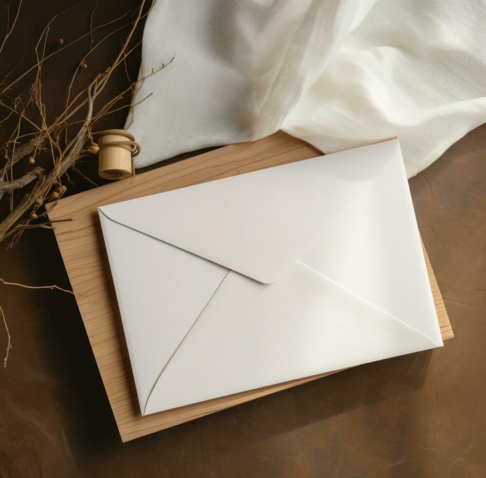 ai généré une blanc enveloppe, Vide Remarque et papier dans une en bois boîte photo