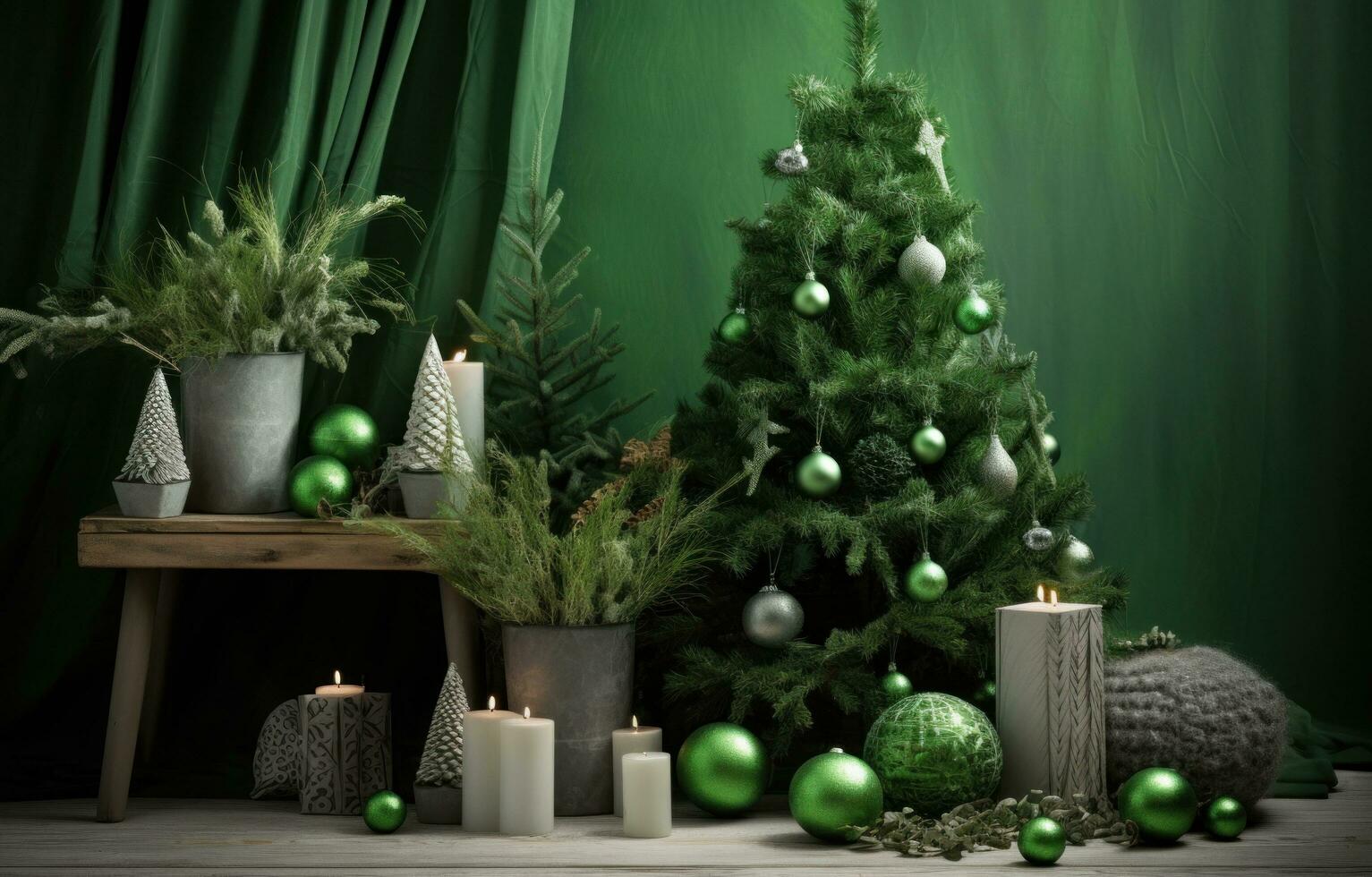 ai généré vacances pièce avec vert décorations vert Noël arbre photo