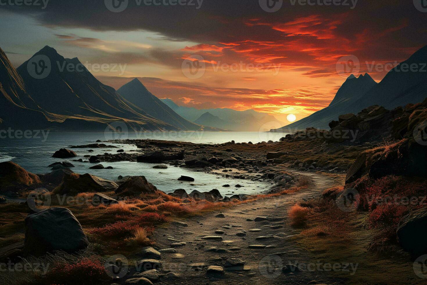 ai généré une magnifique paysage de une rocheux rive avec une enroulement chemin de premier plan vers le horizon, entouré par montagnes et une ciel en feu avec le couleurs de le réglage Soleil. photo