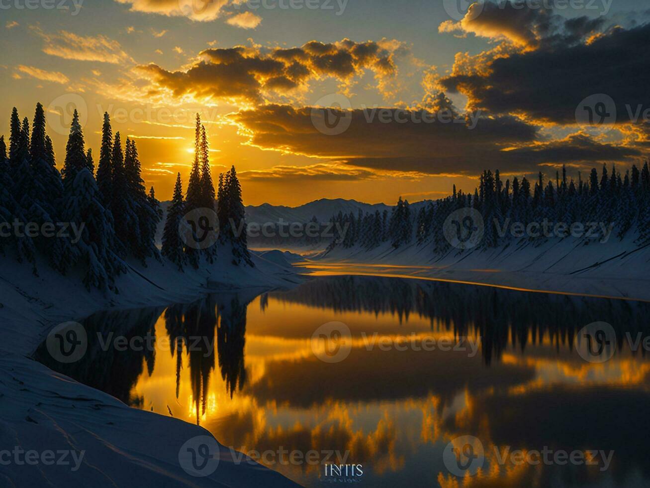 ai généré un image de une vibrant le coucher du soleil plus de une serein lac, avec coloré reflets chatoyant sur le l'eau avec neige photo