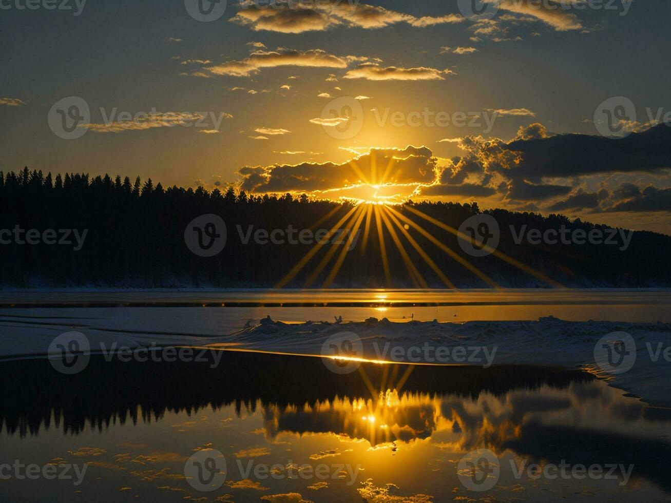 ai généré un image de une vibrant le coucher du soleil plus de une serein lac, avec coloré reflets chatoyant sur le l'eau avec neige photo
