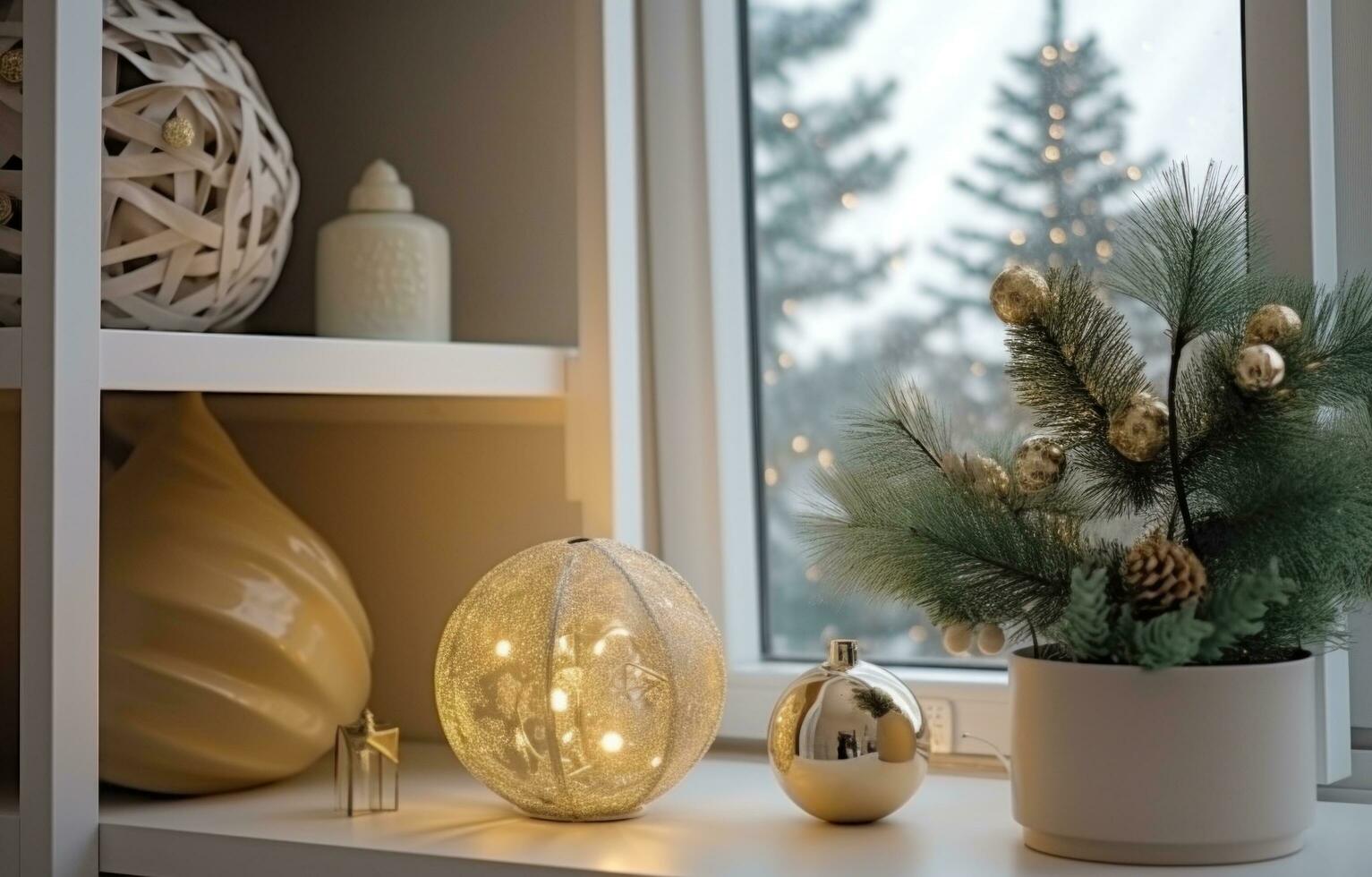 ai généré magnifique appartement avec vert et gris Noël décorations photo