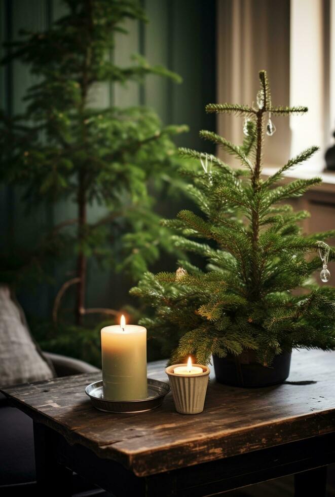 ai généré une petit Noël arbre dans une pièce avec bougies et décorations, photo