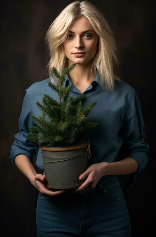 ai généré une blond femme est en portant une bleu seau avec une petit pin arbre dans le milieu de il, photo