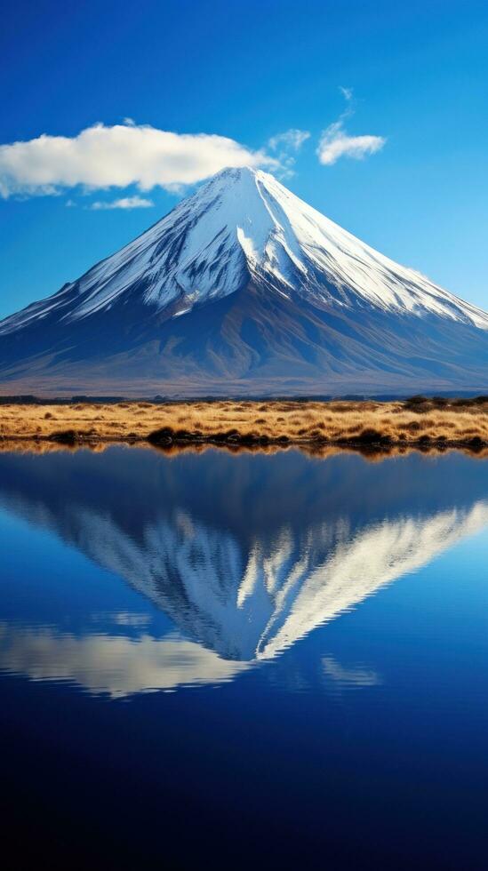 ai généré capture le serein beauté de une volcanique Montagne réfléchi dans une calme, clair comme de l'eau de roche Lac photo