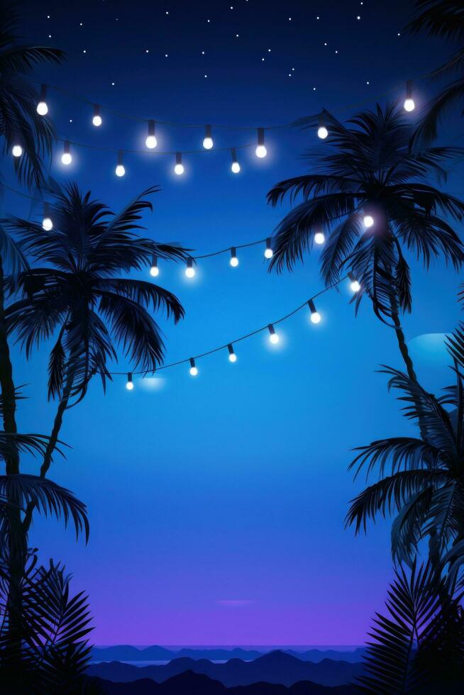 ai généré été nuit fête plage paumes avec lumière ampoule guirlandes. grand fond zone, décentré composition photo