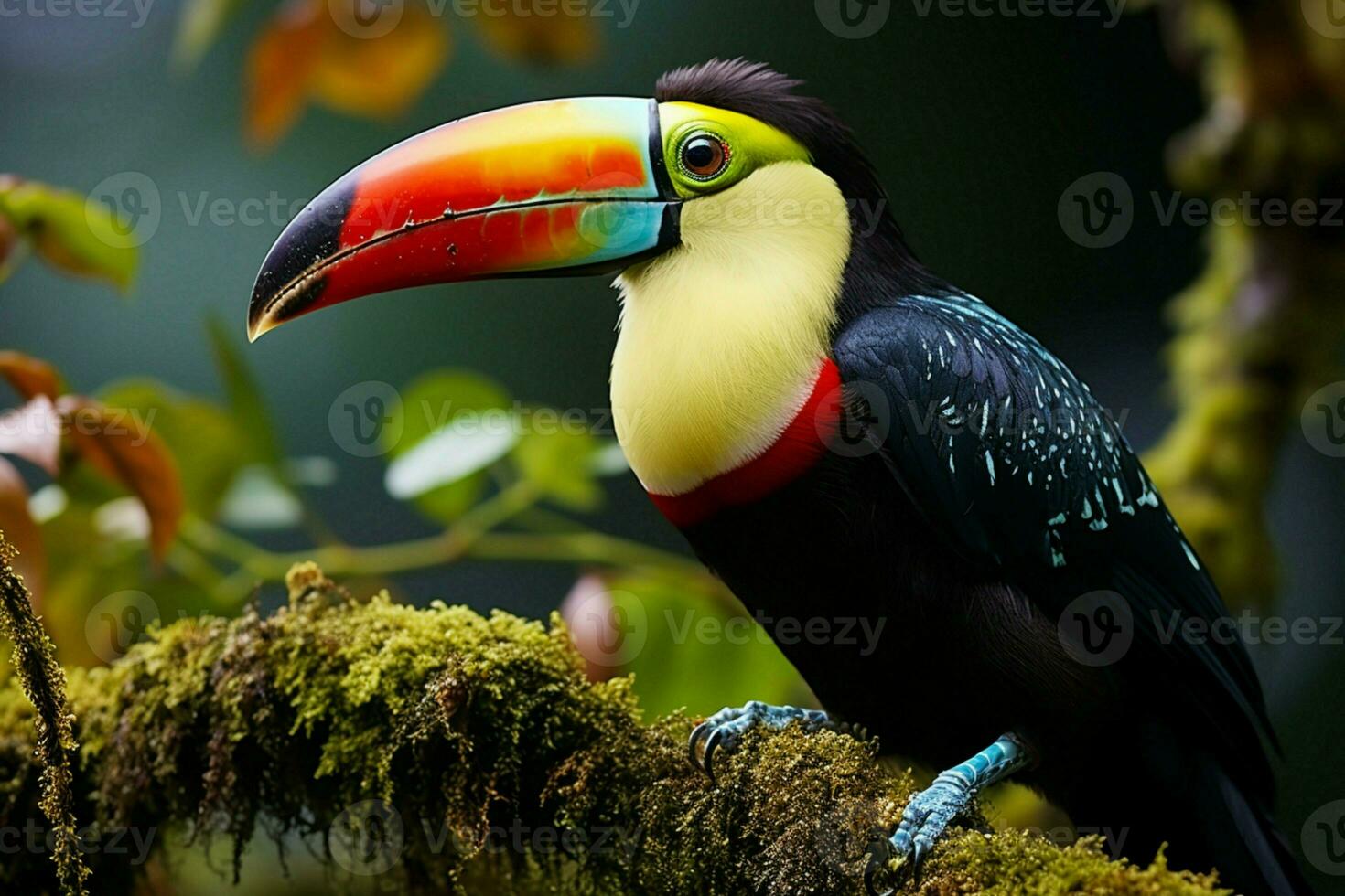 ai généré Quille facturé toucan perché sur une forêt branche dans Panama luxuriant verdure ai généré photo