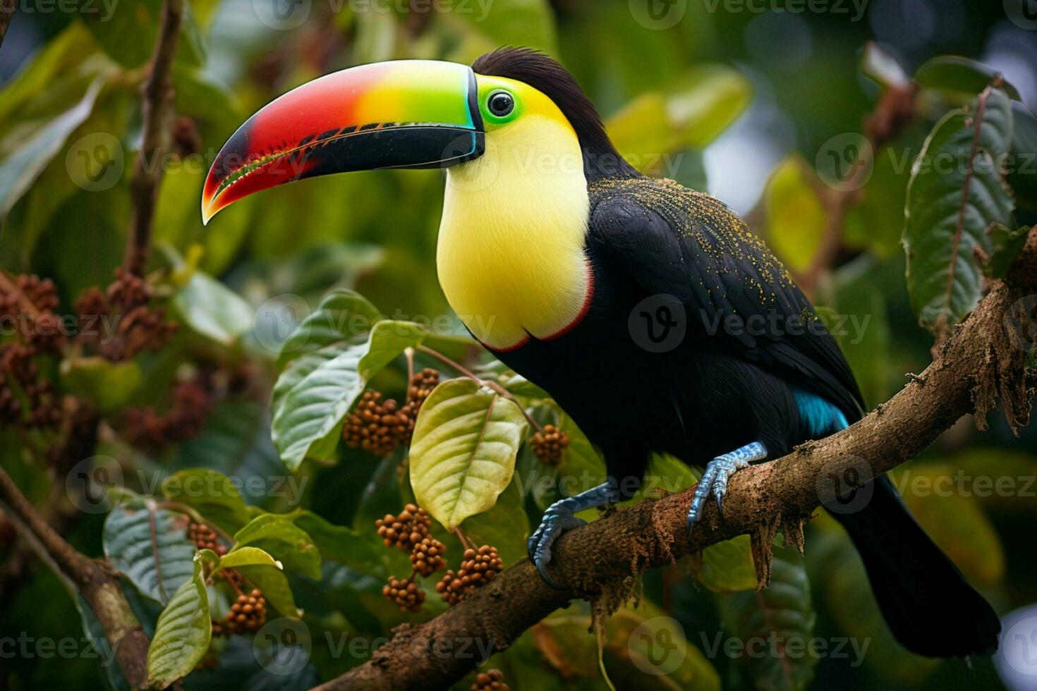 ai généré Quille facturé toucan perché sur une forêt branche dans Panama luxuriant verdure ai généré photo