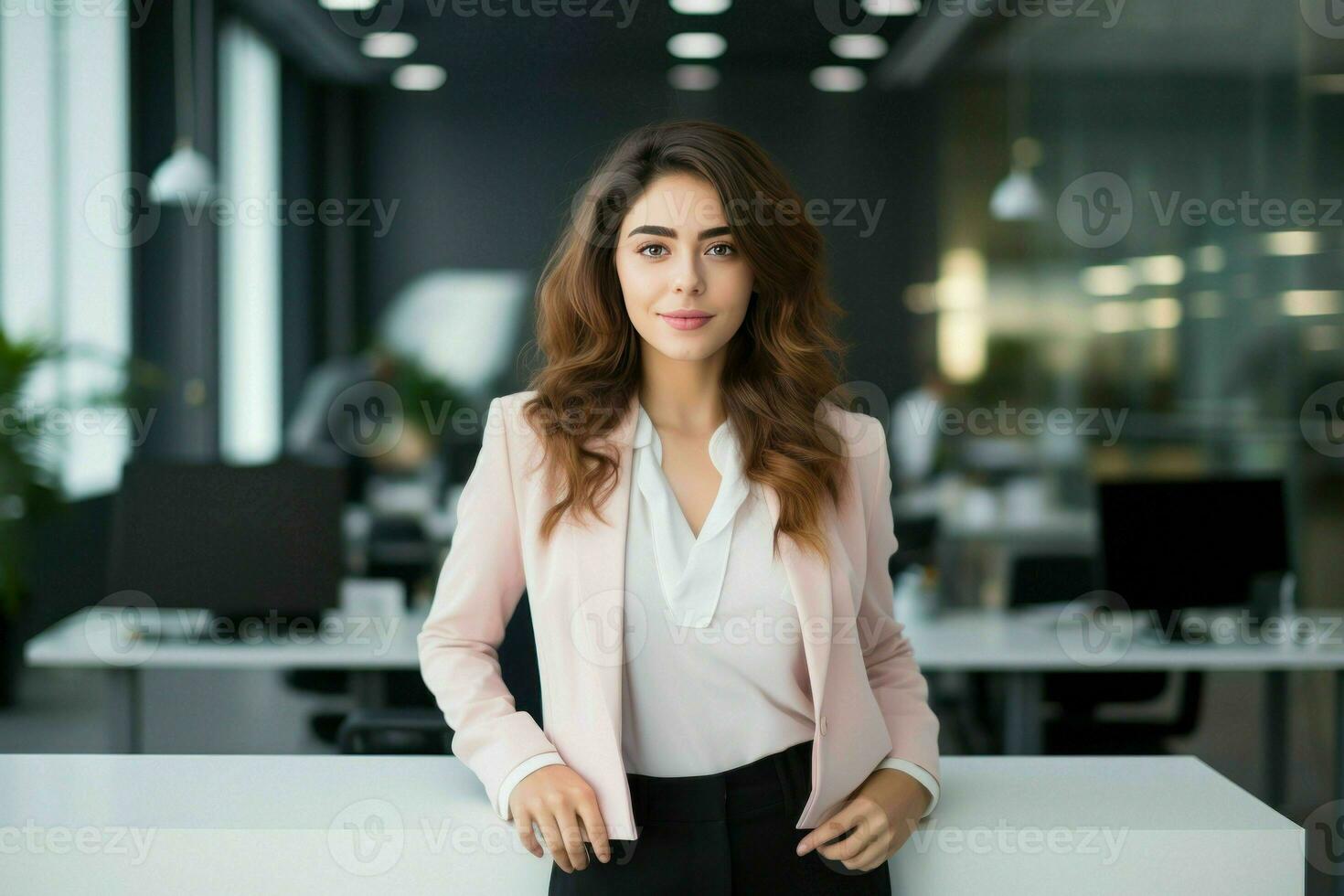 ai généré femme d'affaires permanent dans le Bureau ai génératif photo