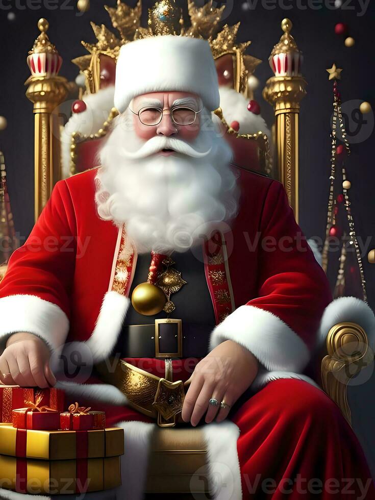 ai généré Père Noël séance sur Royal chaise avec cadeaux photo