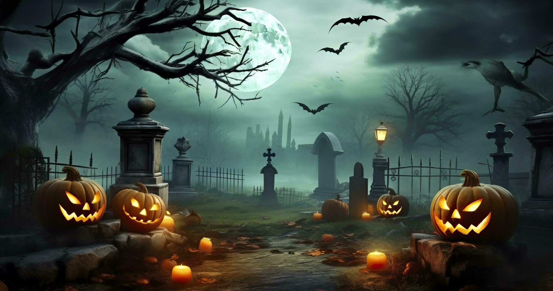 ai généré citrouilles dans cimetière dans le effrayant nuit, Halloween toile de fond. génératif ai photo