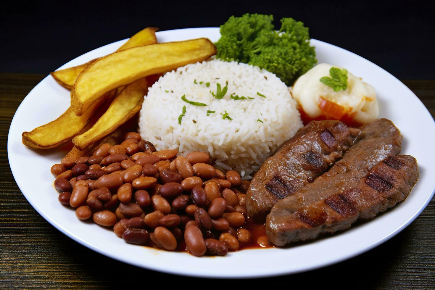 ai généré riz, haricots, français frites, et Viande. génératif ai photo