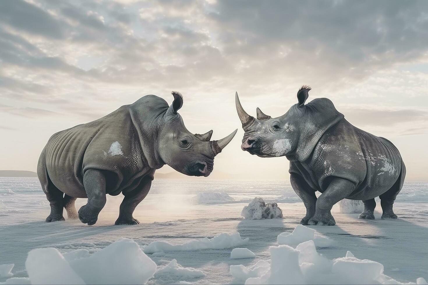 ai généré deux rhinocéros avoir prêt pour bats toi sur glace. ai généré photo