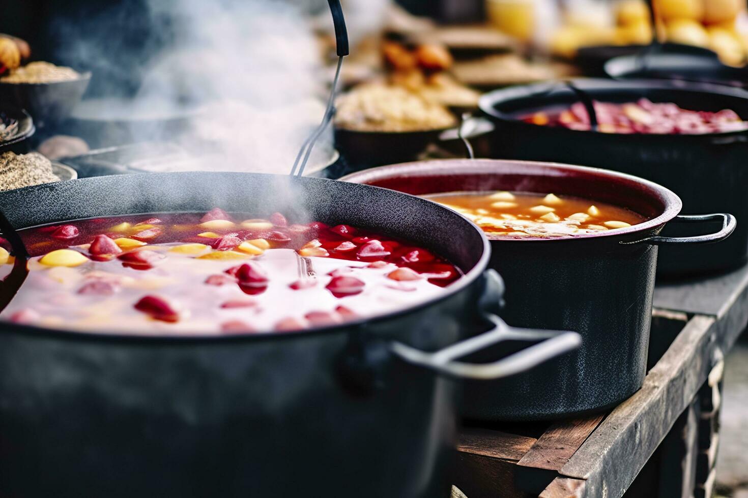 ai généré breuvages des fruits et baies chaud Réchauffé du vin dans des pots avec vapeur dans rue nourriture marché. génératif ai photo