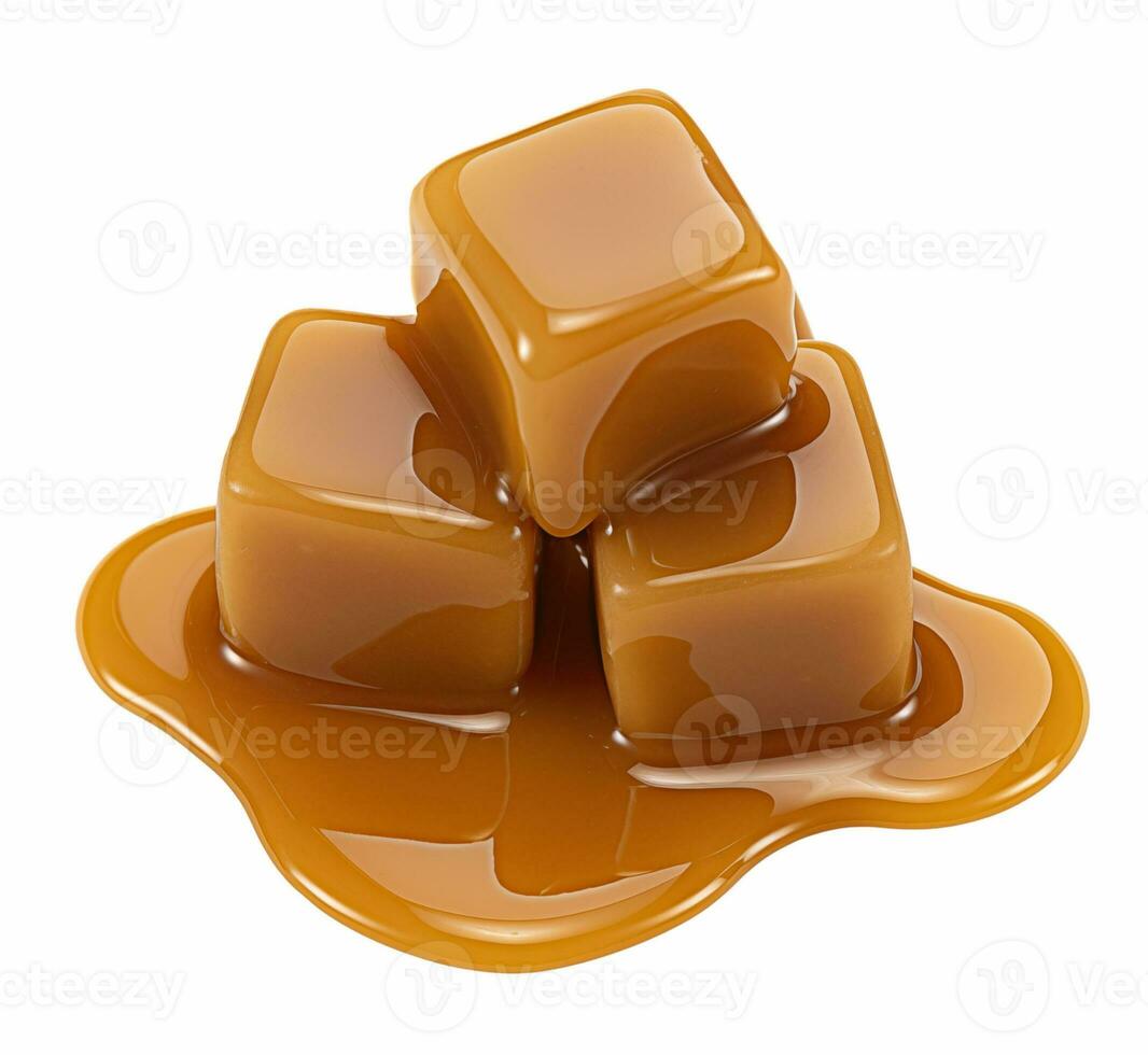 ai généré caramel au beurre bonbons et caramel sauce sur blanc Contexte photo