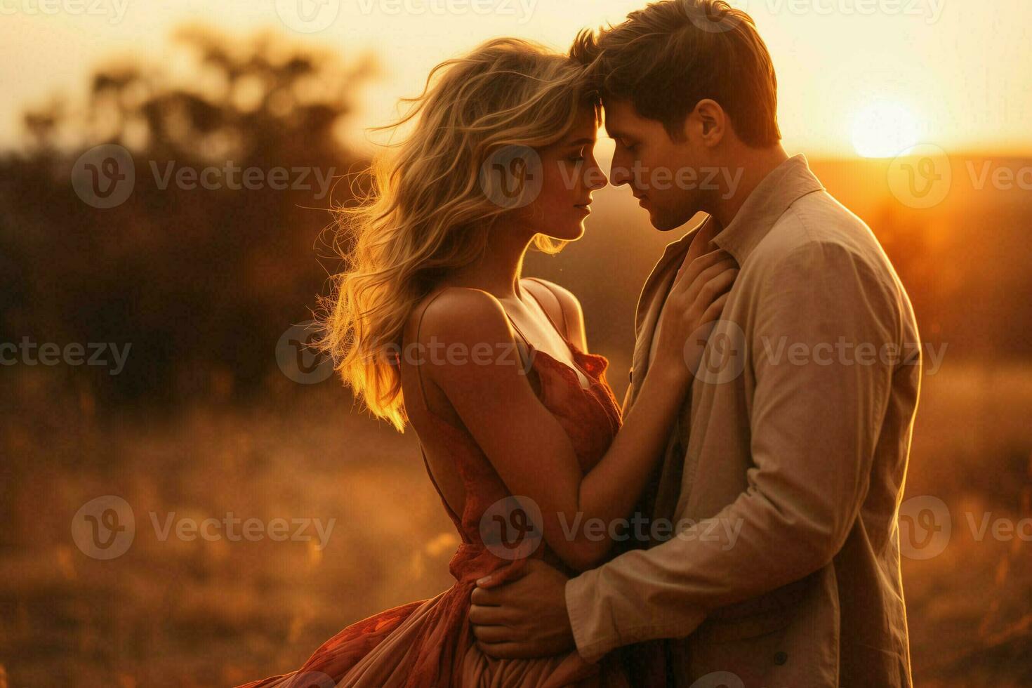 ai généré affectueux couple actions une baiser à l'extérieur pendant le coucher du soleil avec une chaud lueur filtre photo
