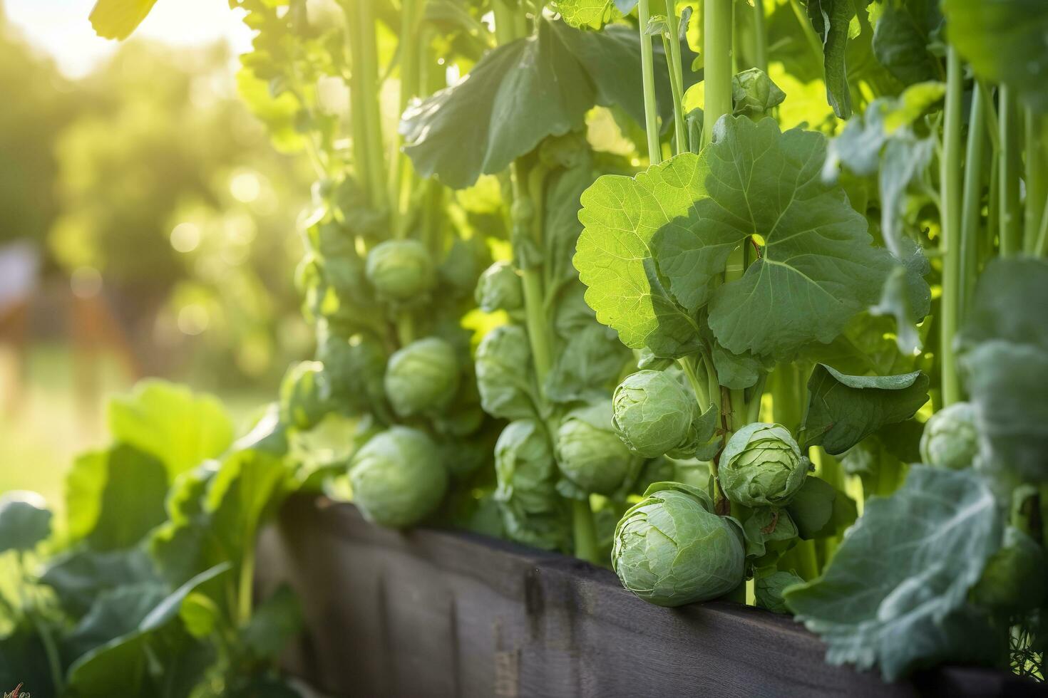 ai généré Frais biologique Bruxelles choux croissance dans le jardin. croissance posséder des fruits, des légumes. ai généré photo