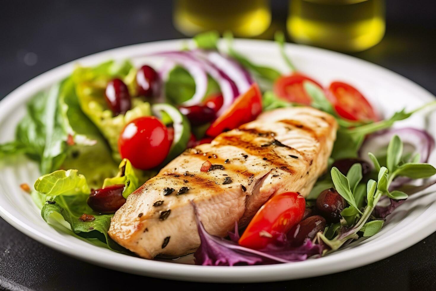 ai généré grillé poulet Sein avec tomates, rouge poivre, biologique vert et kalamata Olives. ai généré photo