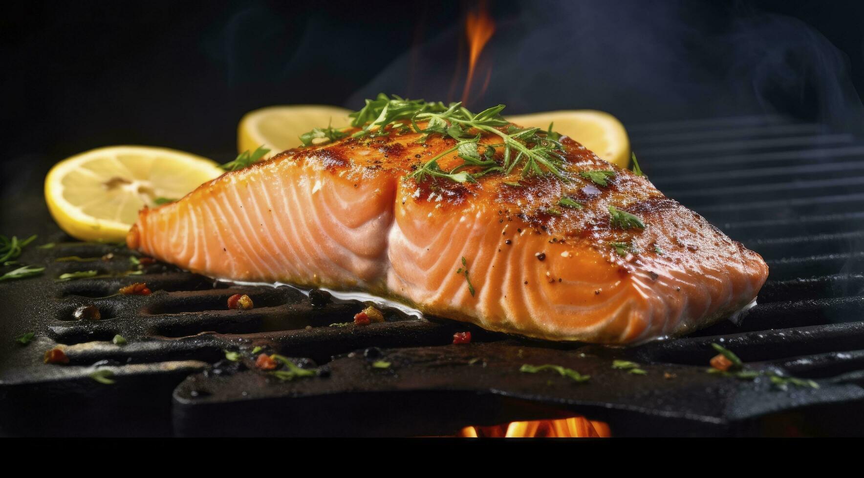 ai généré gourmet escalope de Frais Saumon chevronné avec herbes, épices, et citron zeste grillage sur une plaque. ai généré. photo