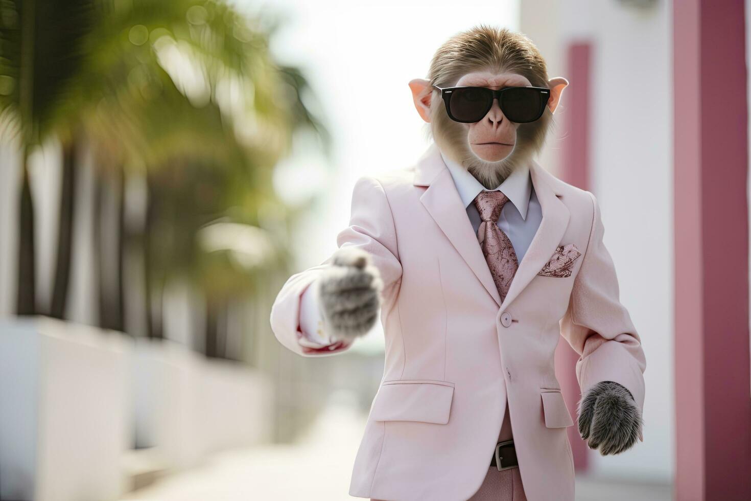 ai généré une singe est portant des lunettes de soleil, costume et permanent sur rue. ai généré photo