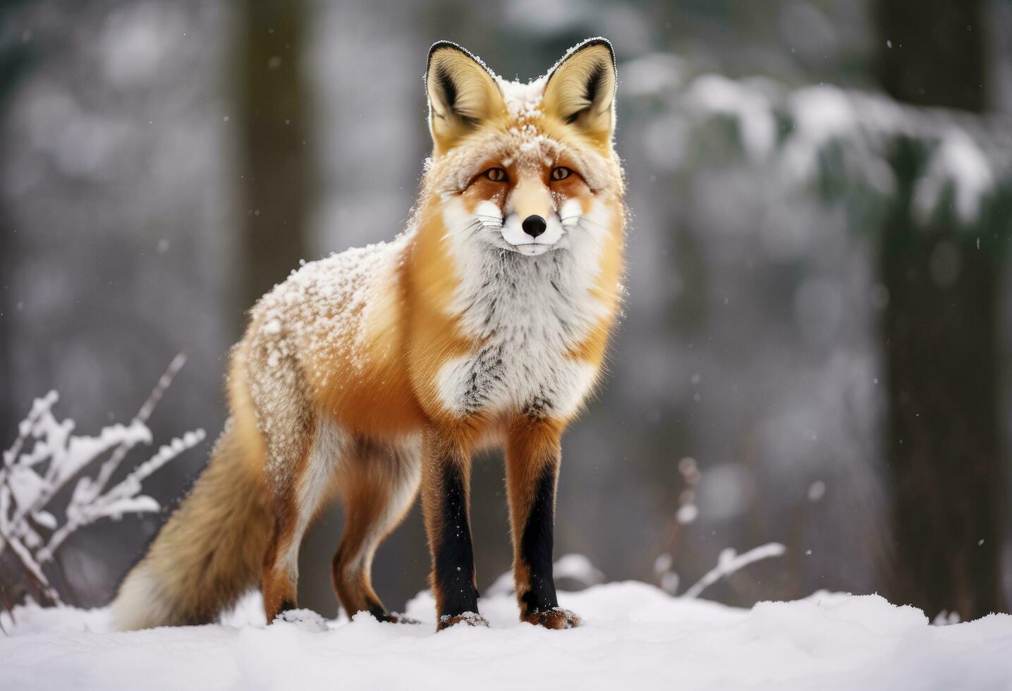 ai généré rouge Renard permanent sur neige. ai généré. photo