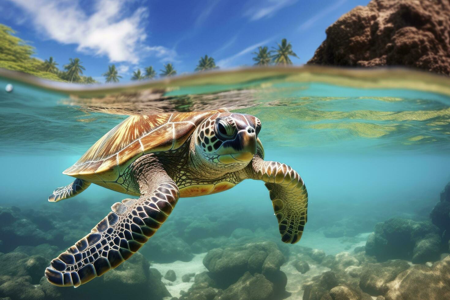 ai généré vert tortue à le eau de mer. ai généré photo