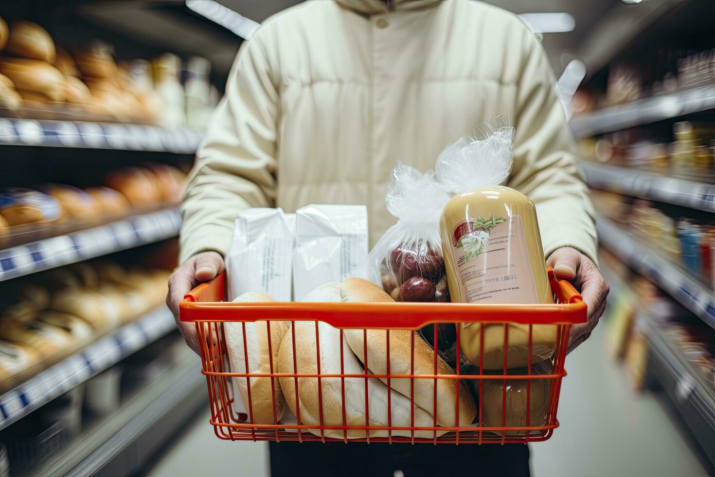 ai généré homme en portant achats panier avec pain et Lait les courses dans supermarché. ai généré photo