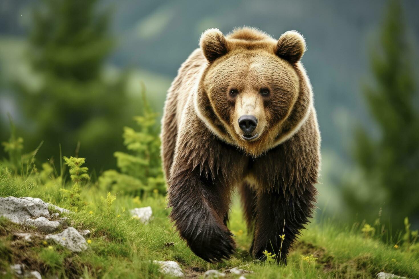 ai généré marron ours en mouvement sur le vert Prairie dans printemps la nature. ai généré photo