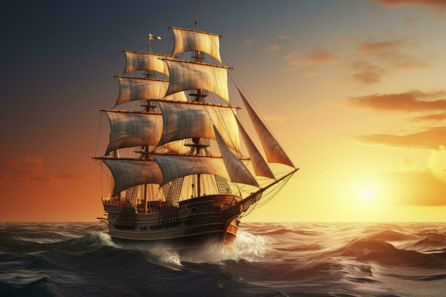 ai généré pirate navire voile sur le océan à le coucher du soleil. ancien croisière. ai généré photo