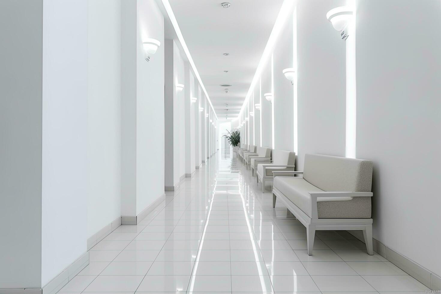 ai généré intérieur conception de une moderne luxueux blanc bâtiment couloir ou couloir avec attendre siège. ai généré photo