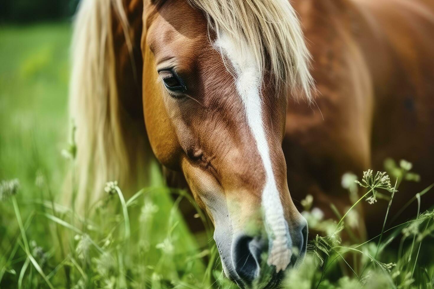 ai généré marron cheval avec blond cheveux mange herbe sur une vert Prairie détail de le diriger. photo