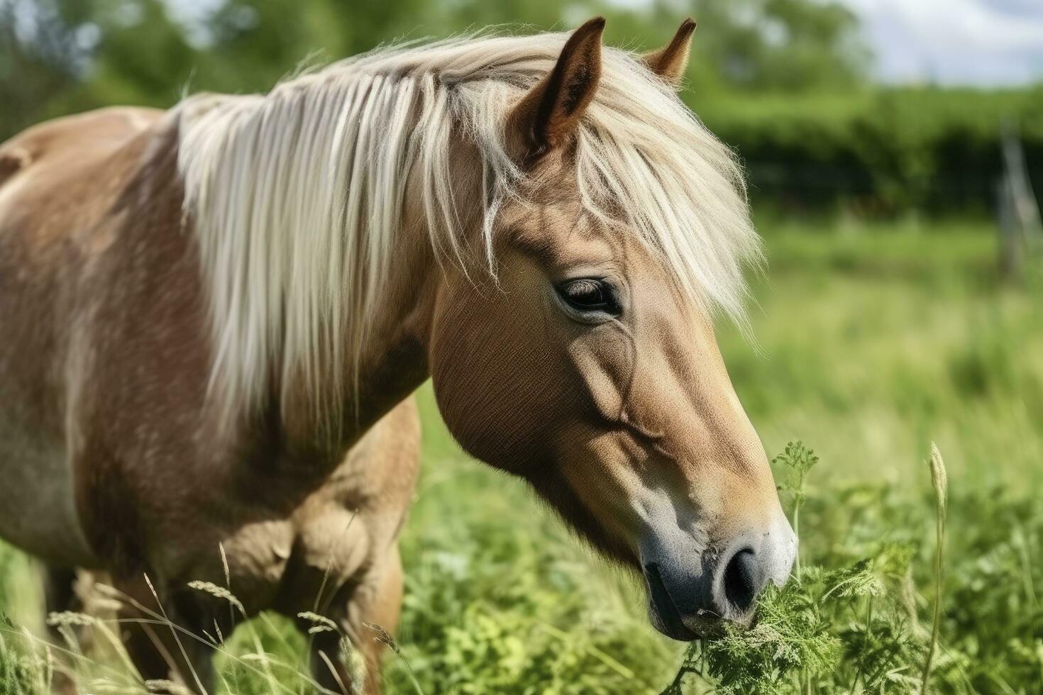 ai généré marron cheval avec blond cheveux mange herbe sur une vert Prairie détail de le diriger. photo