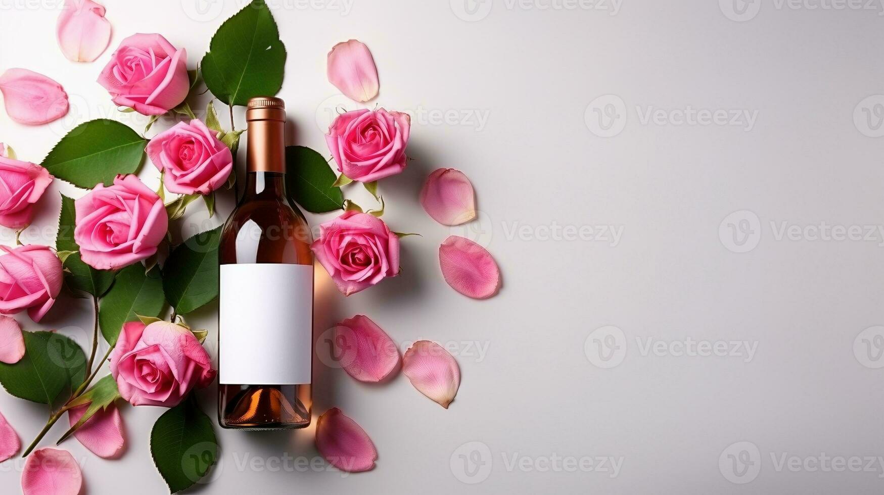 ai généré des roses pose autour rose du vin bouteille avec blanc étiquette ai généré maquette photo