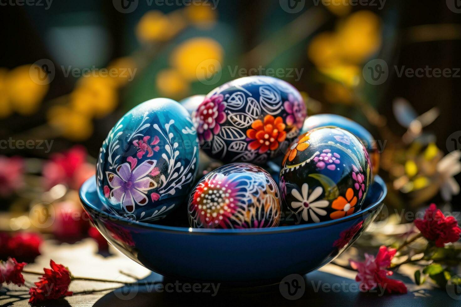 ai généré une vif la description de une photo capturer peint Pâques des œufs illuminé par lumière du soleil