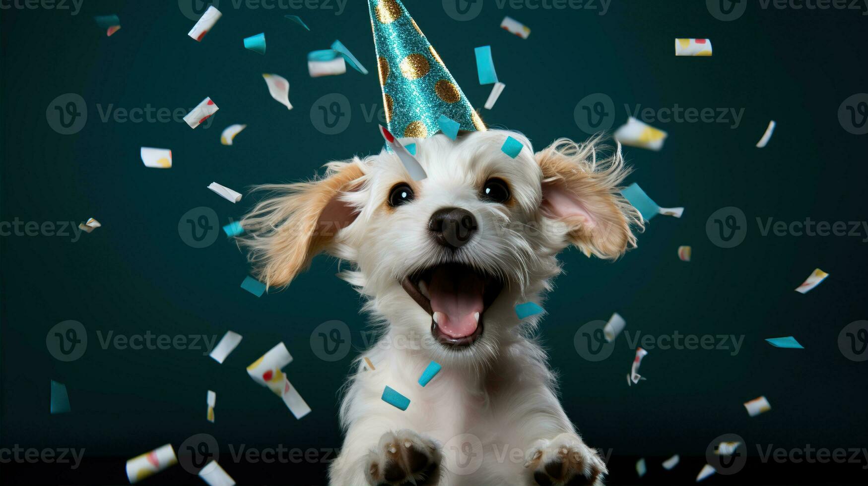 ai généré content chien portant une fête chapeau, célébrer à une anniversaire faire la fête. génératif ai photo