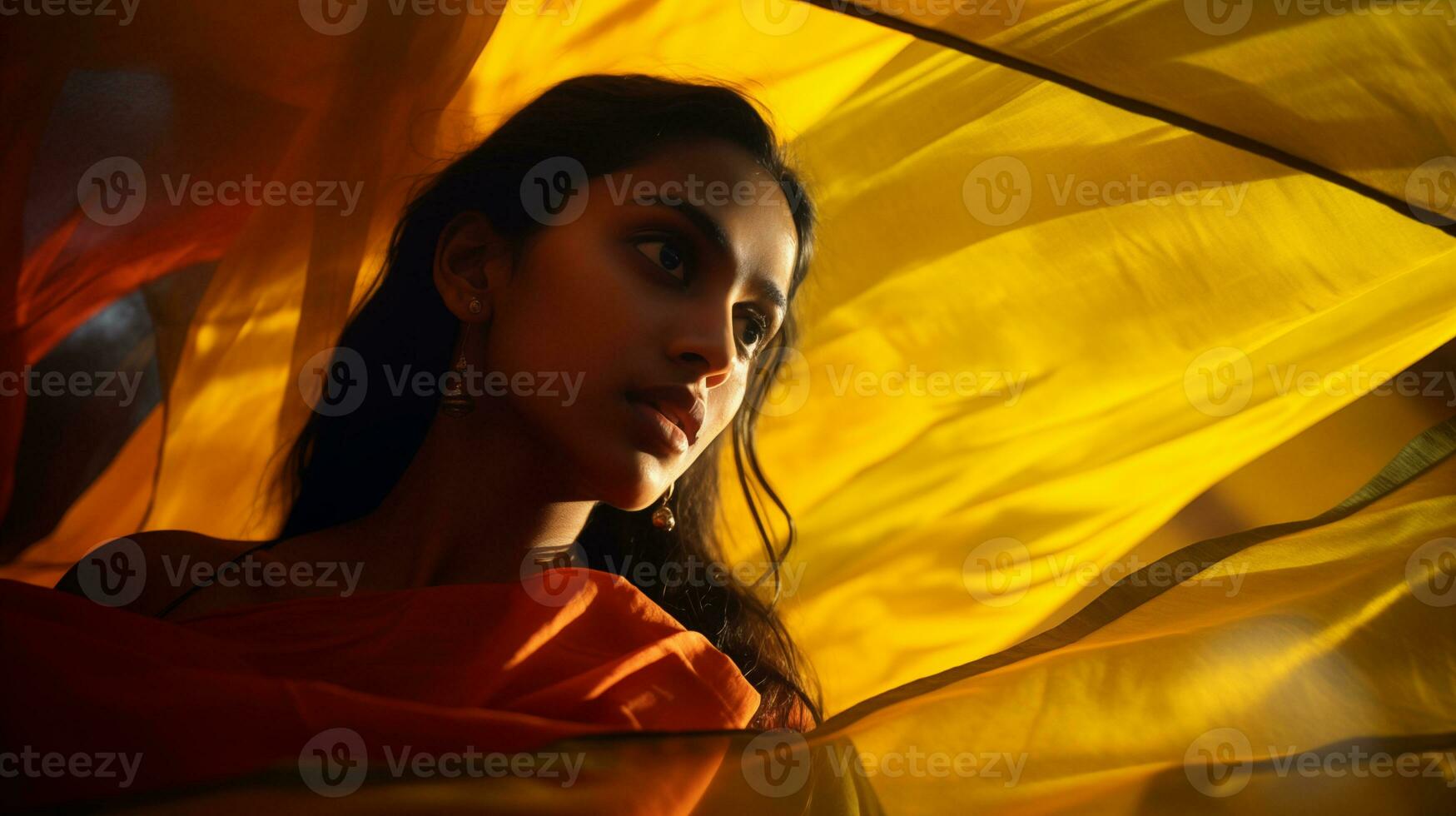 ai généré Jeune femme en dessous de vibrant en tissu canopée ai généré photo