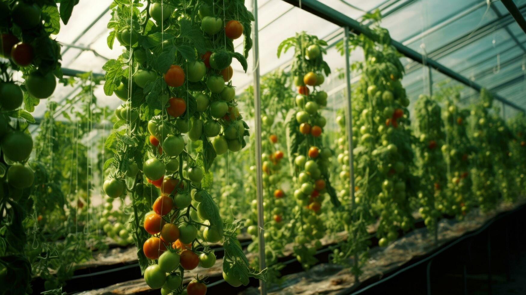 ai généré tomates grandir dans un enfermé serre photo