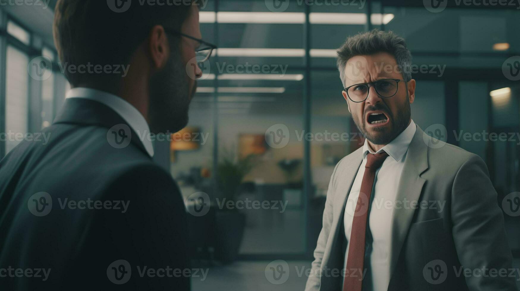 ai généré deux Hommes dans costume parlant dans un Bureau photo