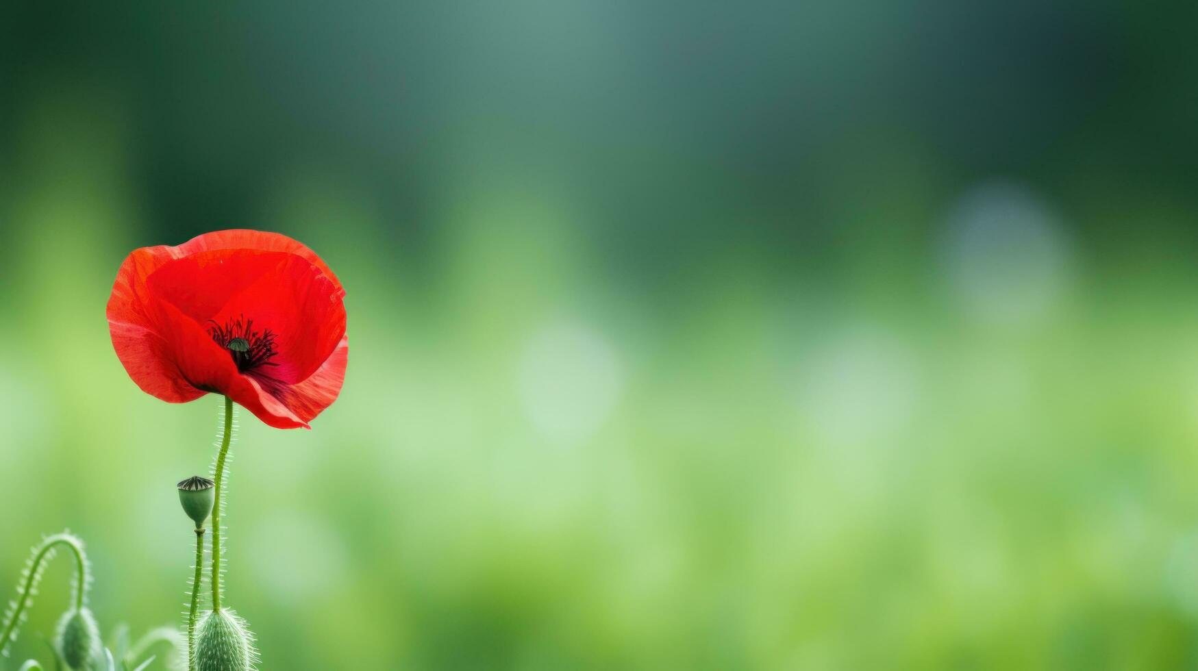 ai généré une rouge coquelicot avec une flou vert Contexte et beaucoup de copie espace. photo