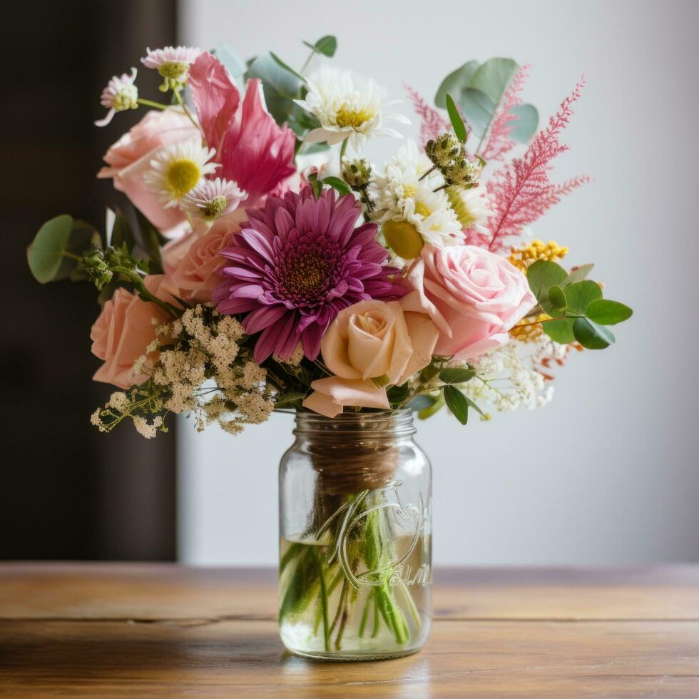 ai généré une bouquet de fleurs arrangé dans une le maçon pot, parfait pour ajouter une rustique et chaleureux vibe photo