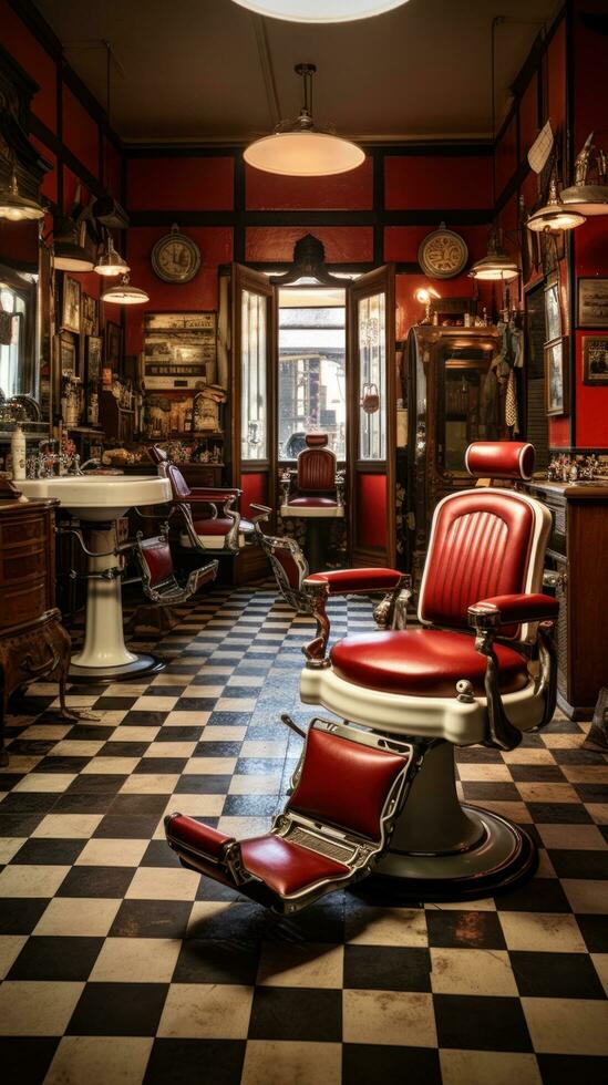 ai généré une ancien coiffeur boutique, Achevée avec classique rouge et blanc coiffeur pôle, cuir chaises photo