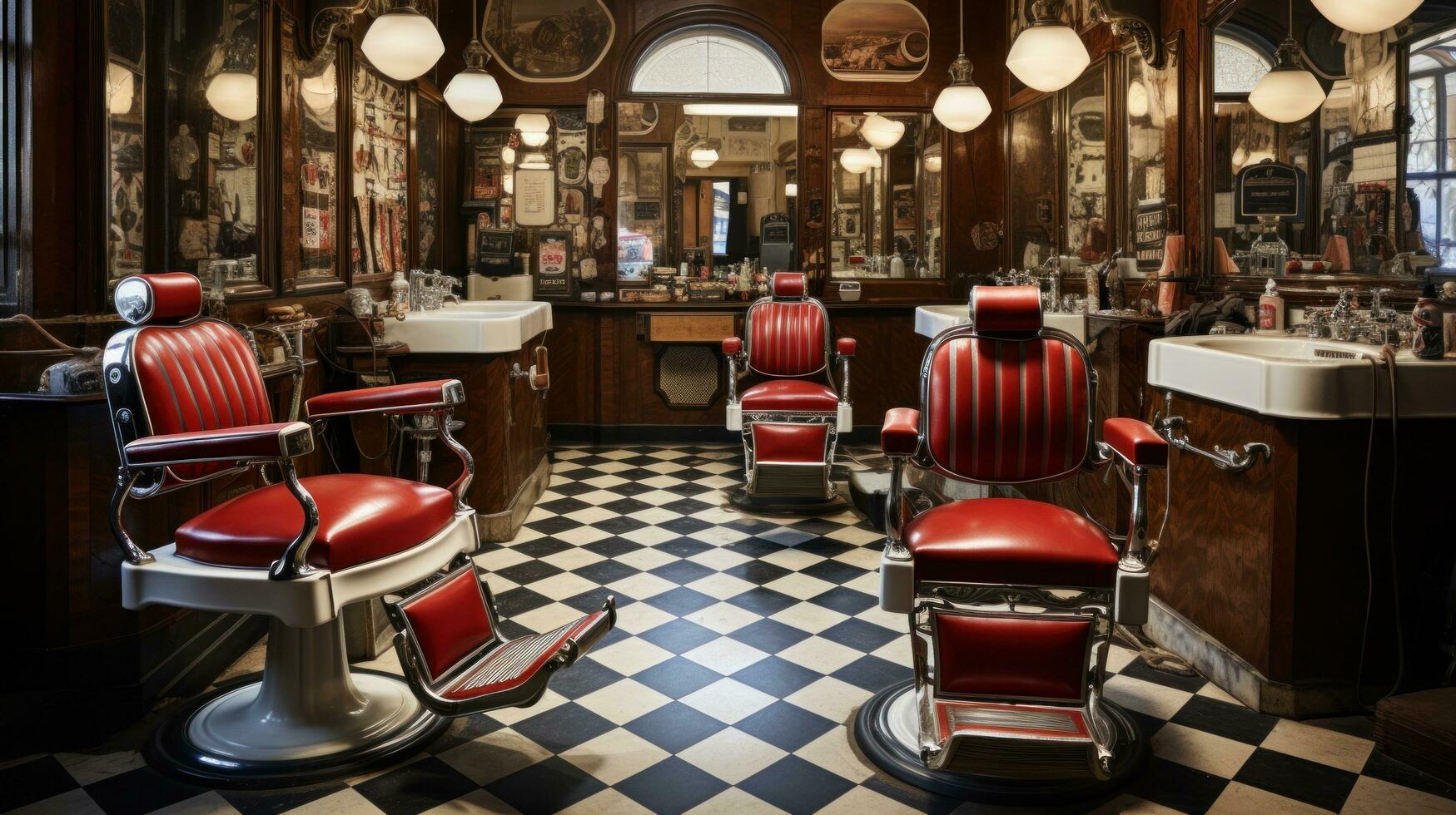 ai généré une ancien coiffeur boutique, Achevée avec classique rouge et blanc coiffeur pôle, cuir chaises photo