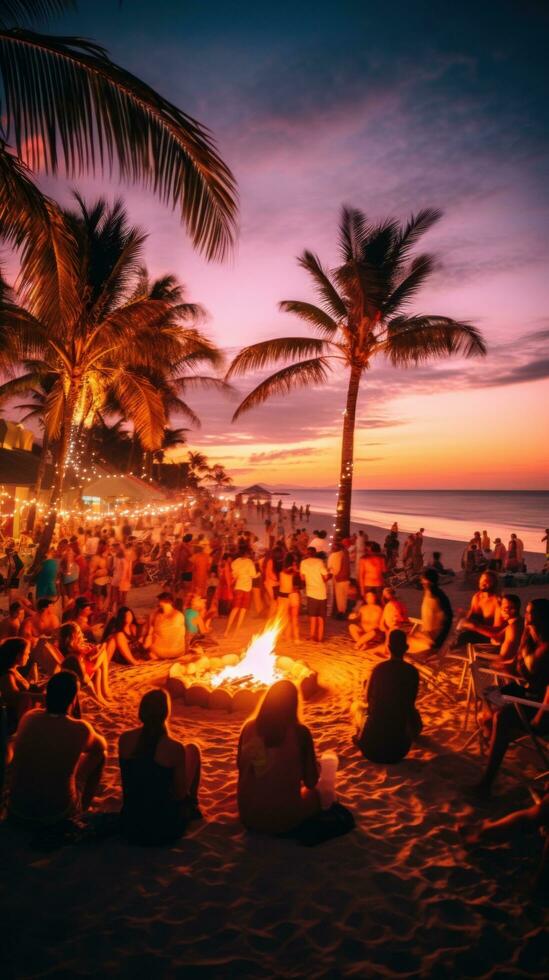 ai généré sablonneux plage à nuit avec une feu, entouré par gens dansant et socialiser photo