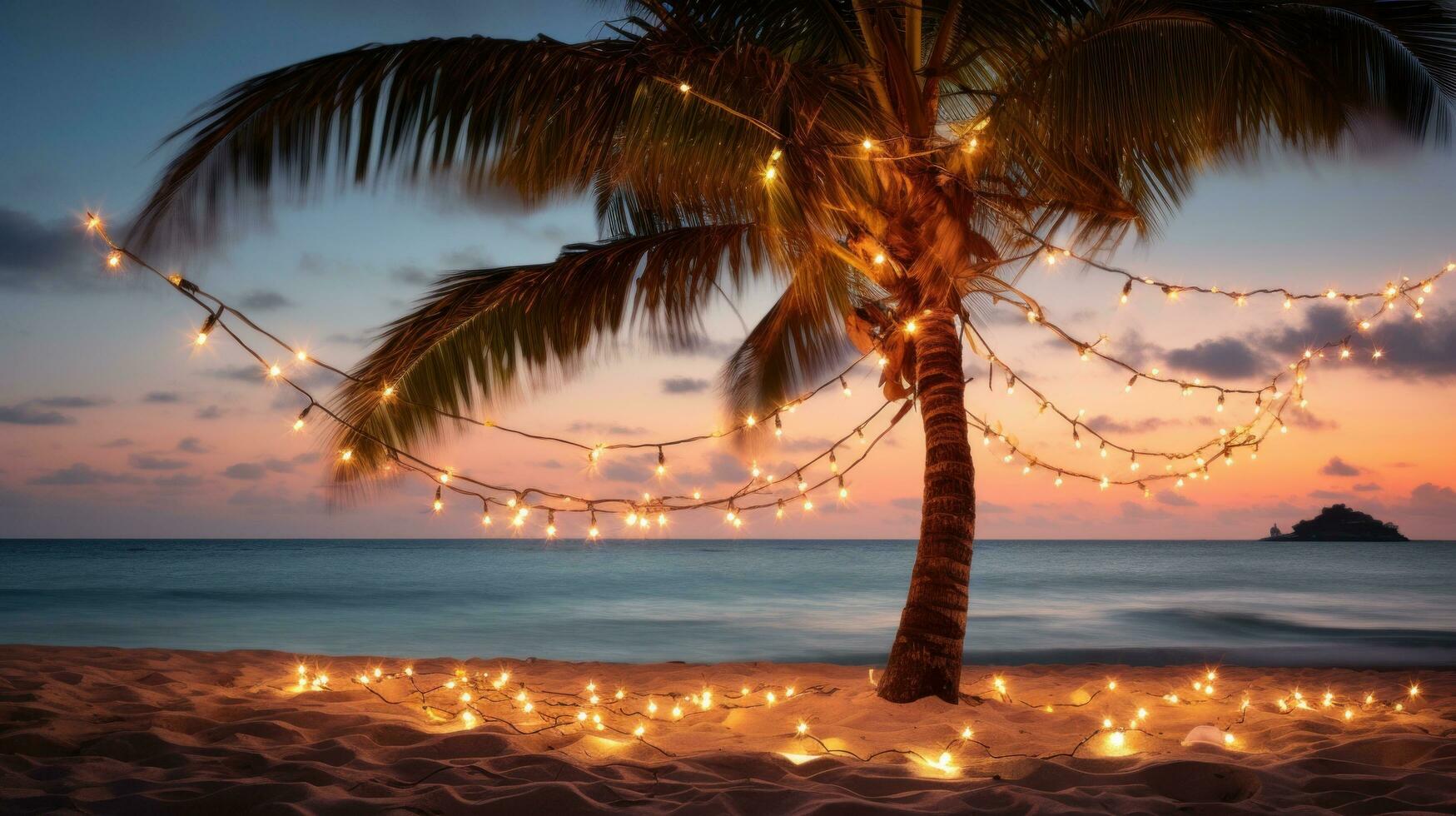ai généré une paume arbre sur une plage, entouré par une chaîne de lumière ampoule guirlandes photo