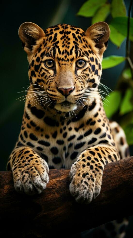 ai généré une majestueux jaguar perché sur une arbre bifurquer, regarder dans le distance avec ses perçant vert yeux photo