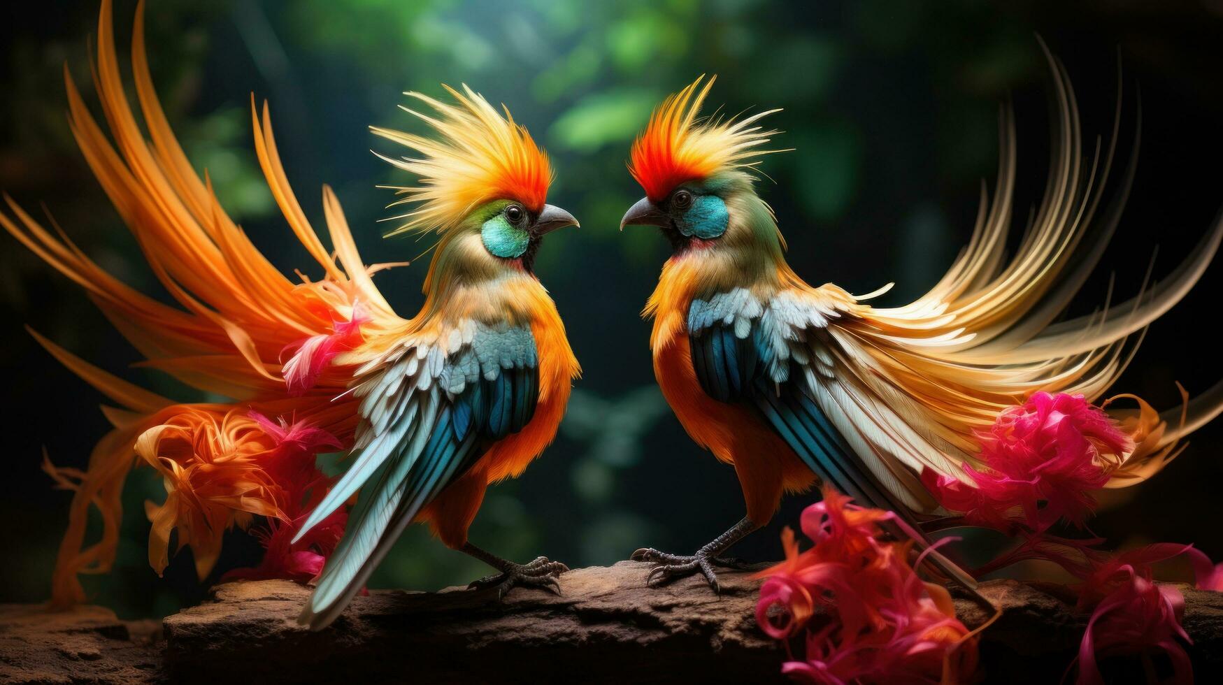 ai généré une paire de tropical des oiseaux engagé dans une espiègle Danse photo