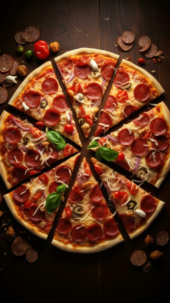 ai généré Pizza tranches arrangé dans une spirale modèle, soulignant le symétrique beauté de le Pizza photo