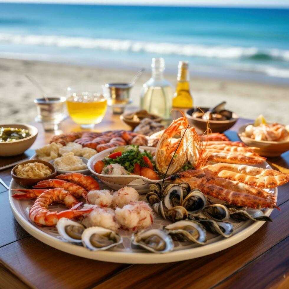 ai généré assiette de délicieux Fruit de mer apéritifs servi sur une plage table avec une pittoresque vue de le mer photo