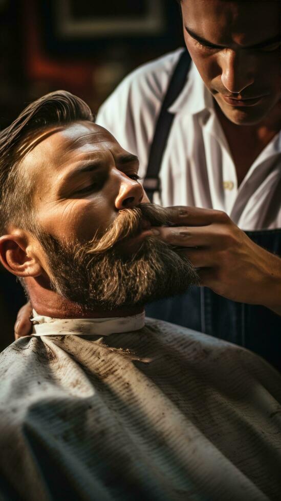 ai généré barbier main en portant une tout droit le rasoir prêt à se raser une du client barbe photo